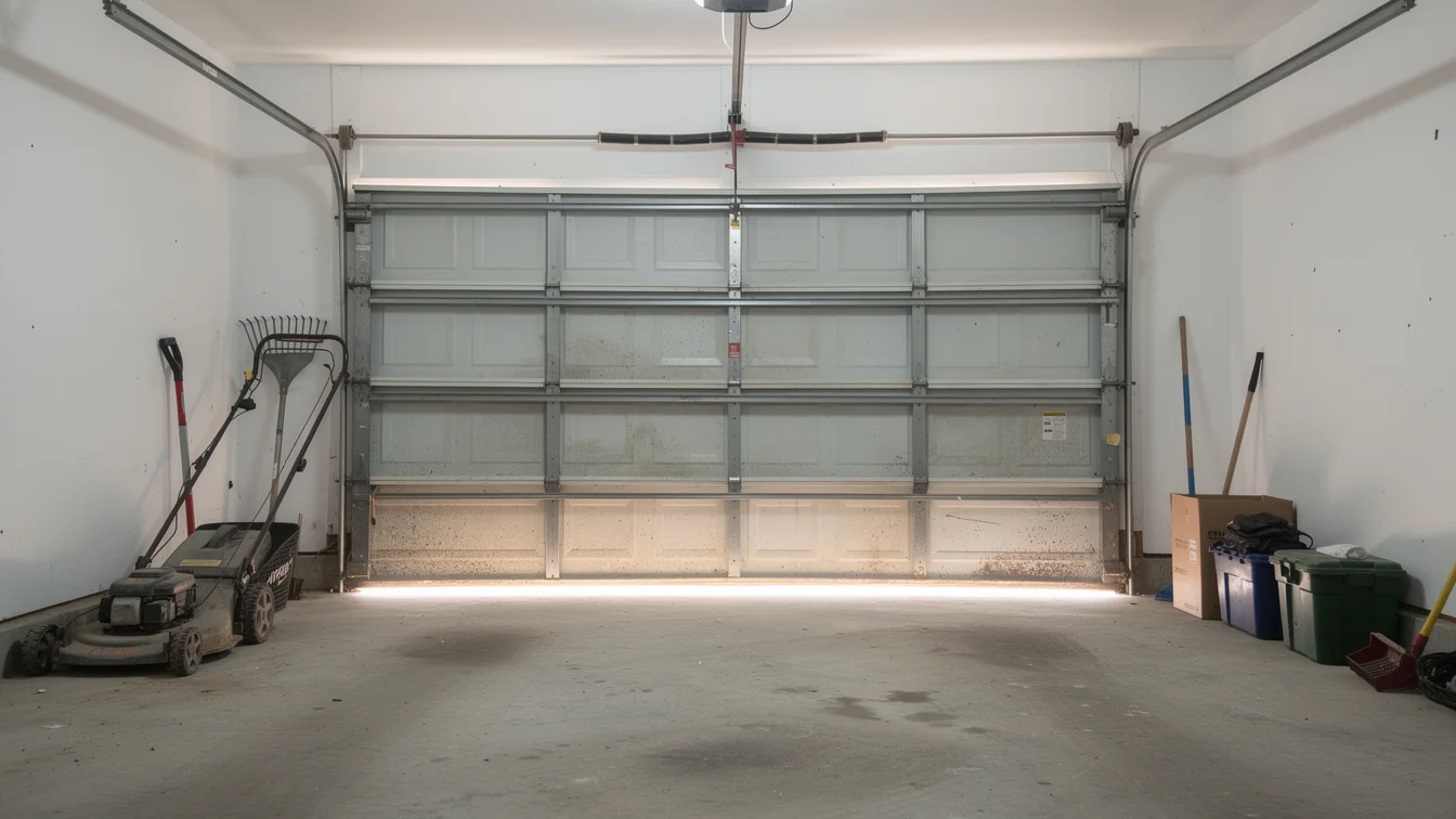 The garage door is partially open, showing the interior of a garage with tools.
