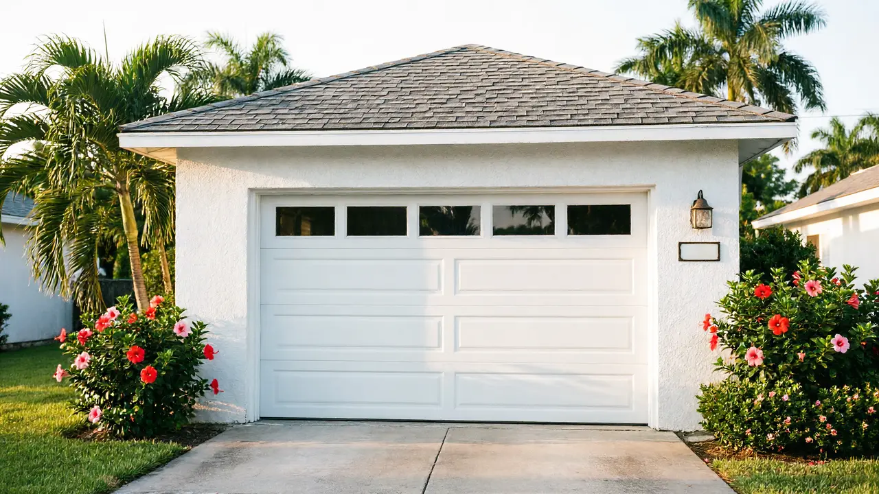 A white garage door with windows is on a white house with a gray roof.