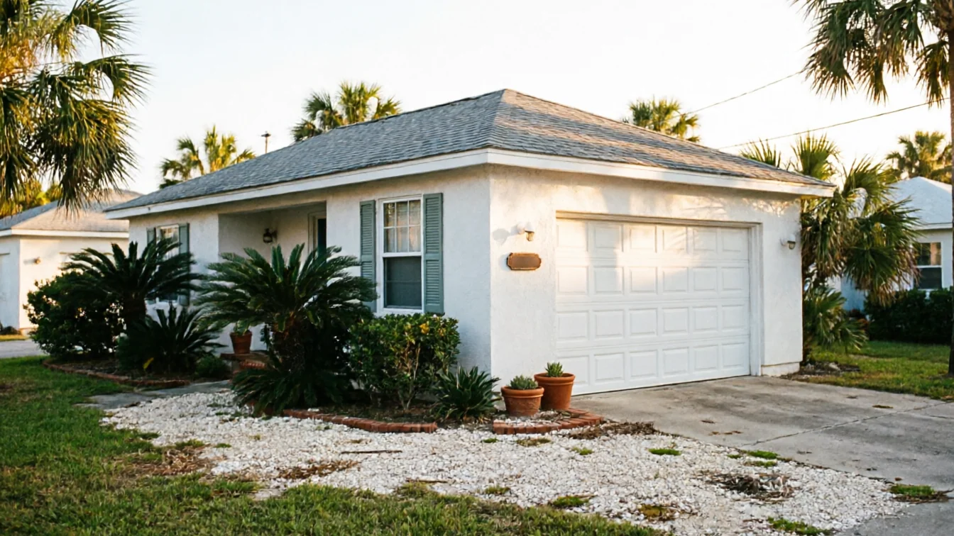 The house has a white garage door, white walls, and green shutters.