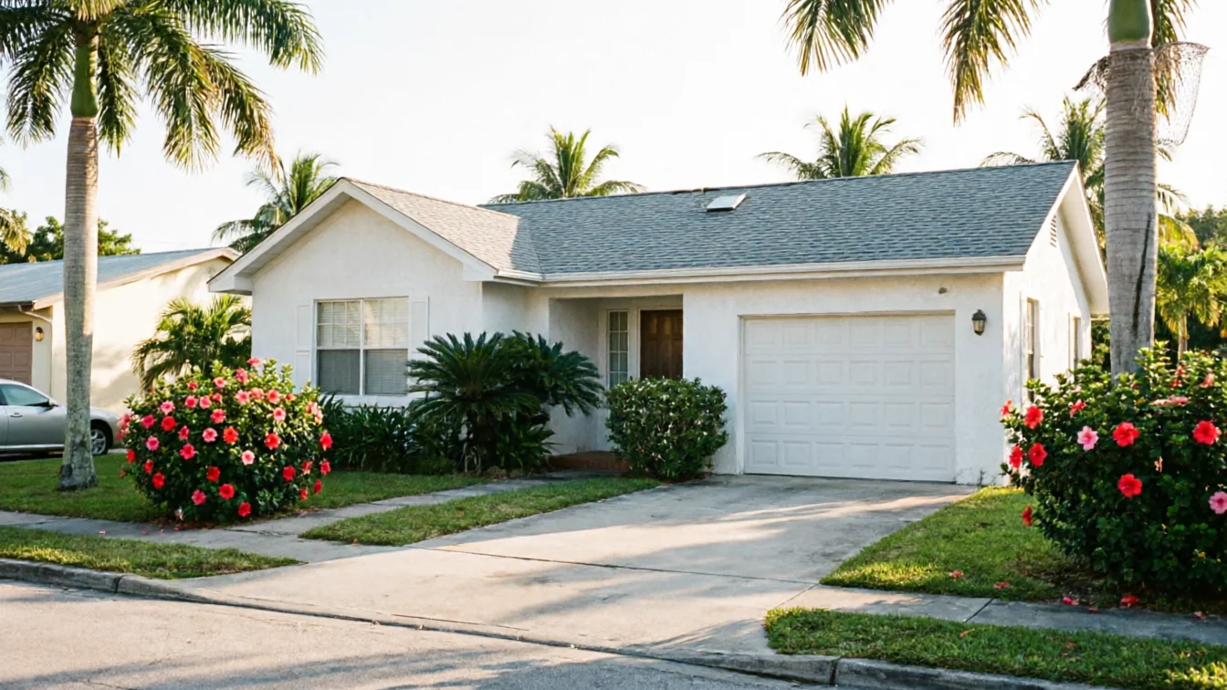A white house with a white garage door and green landscaping under palm trees.