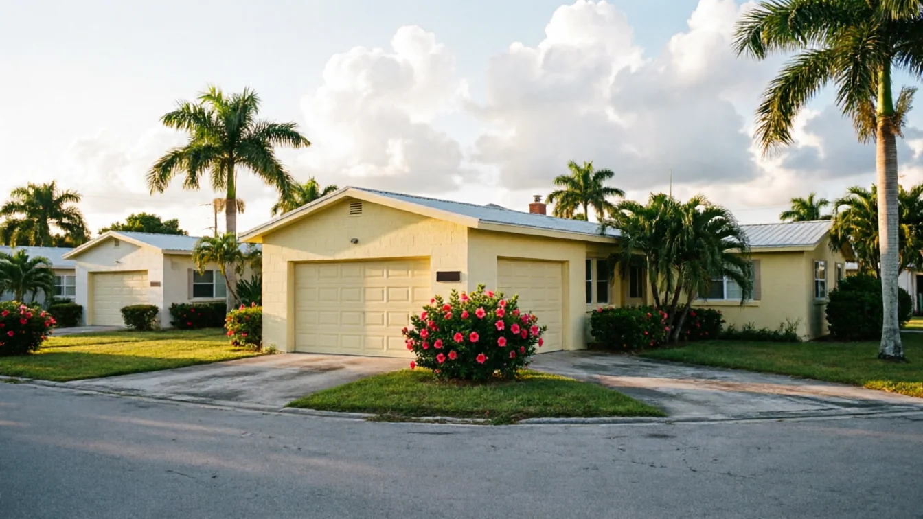 The yellow house has two garage doors and a red hibiscus bush in front.