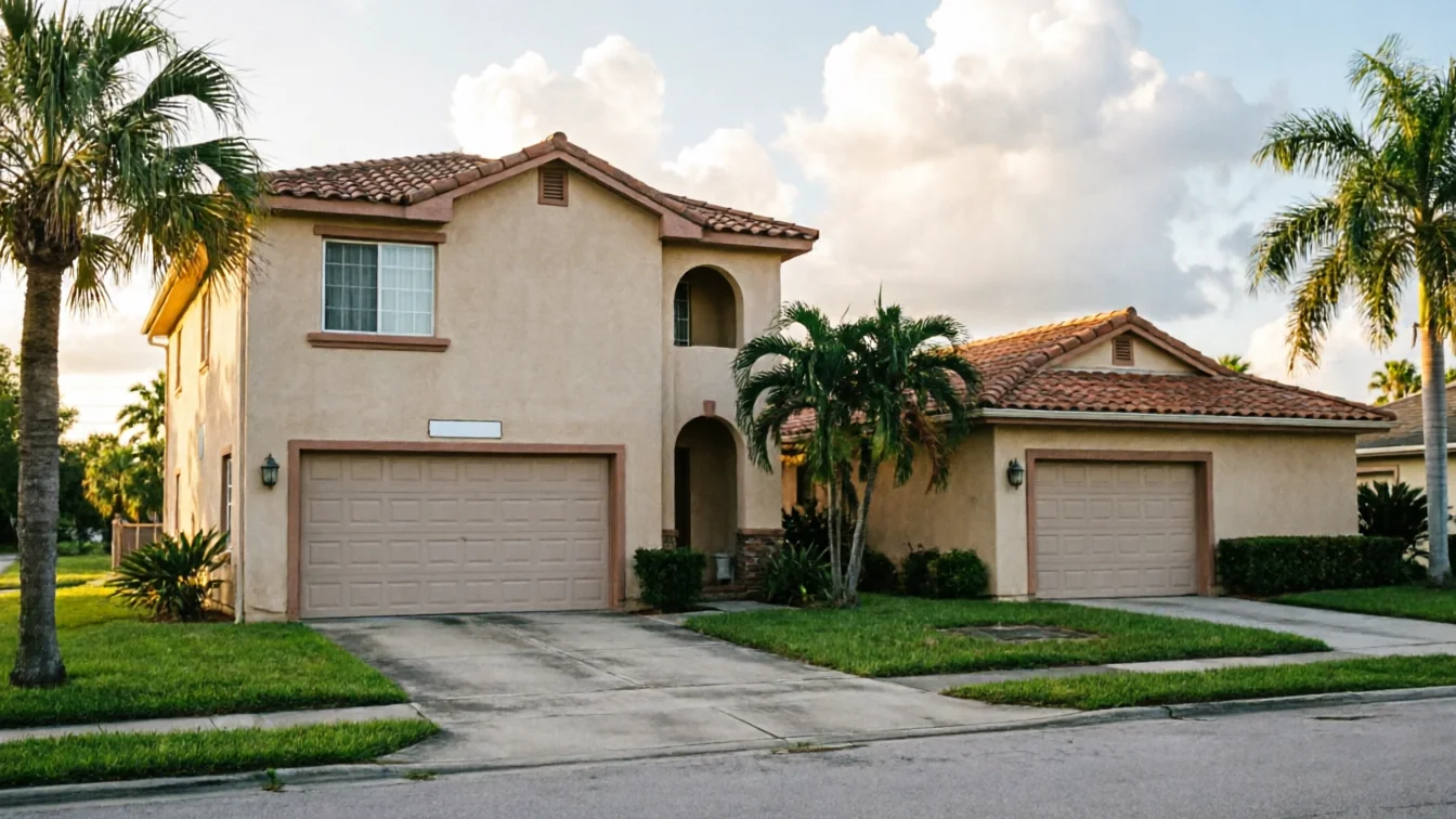 A two-story house with two garage doors and palm trees stands under a cloudy sky.