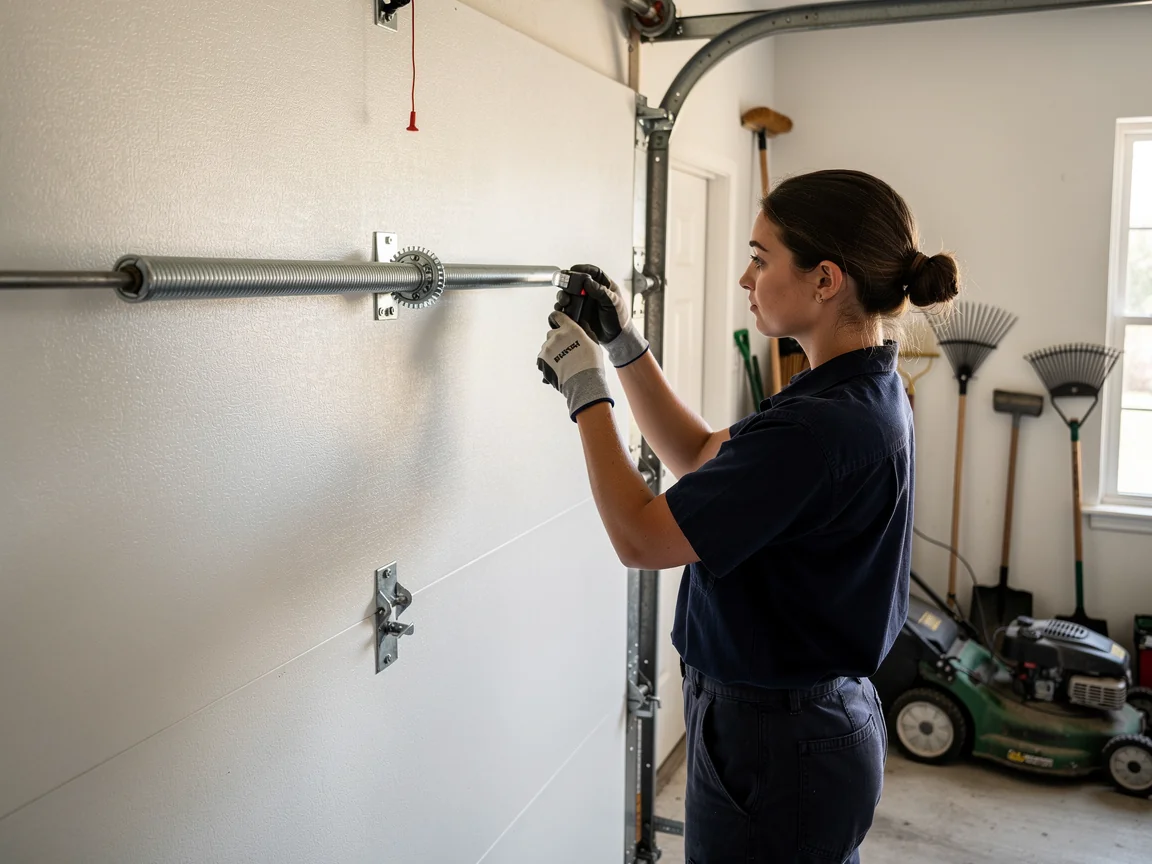 A technician in gloves adjusts a garage door torsion spring.