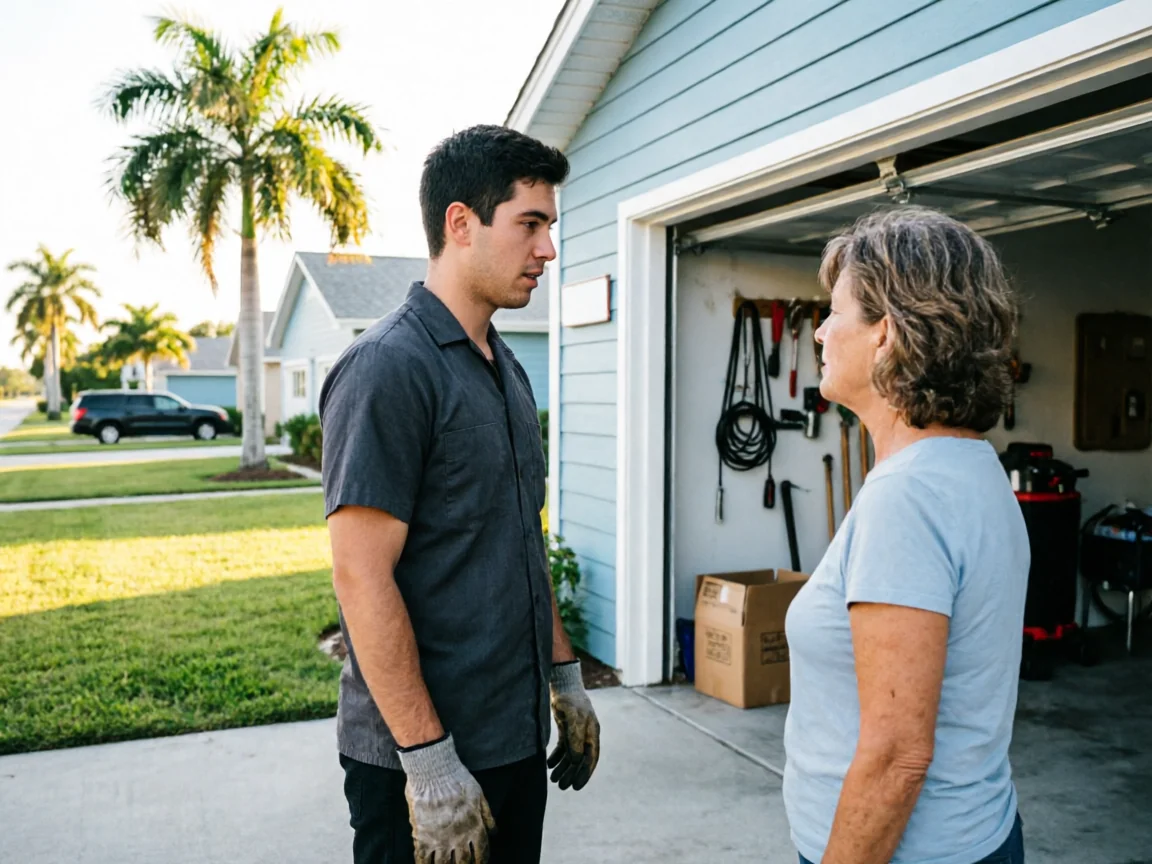 A technician wearing gloves talks to a woman in front of an open garage.