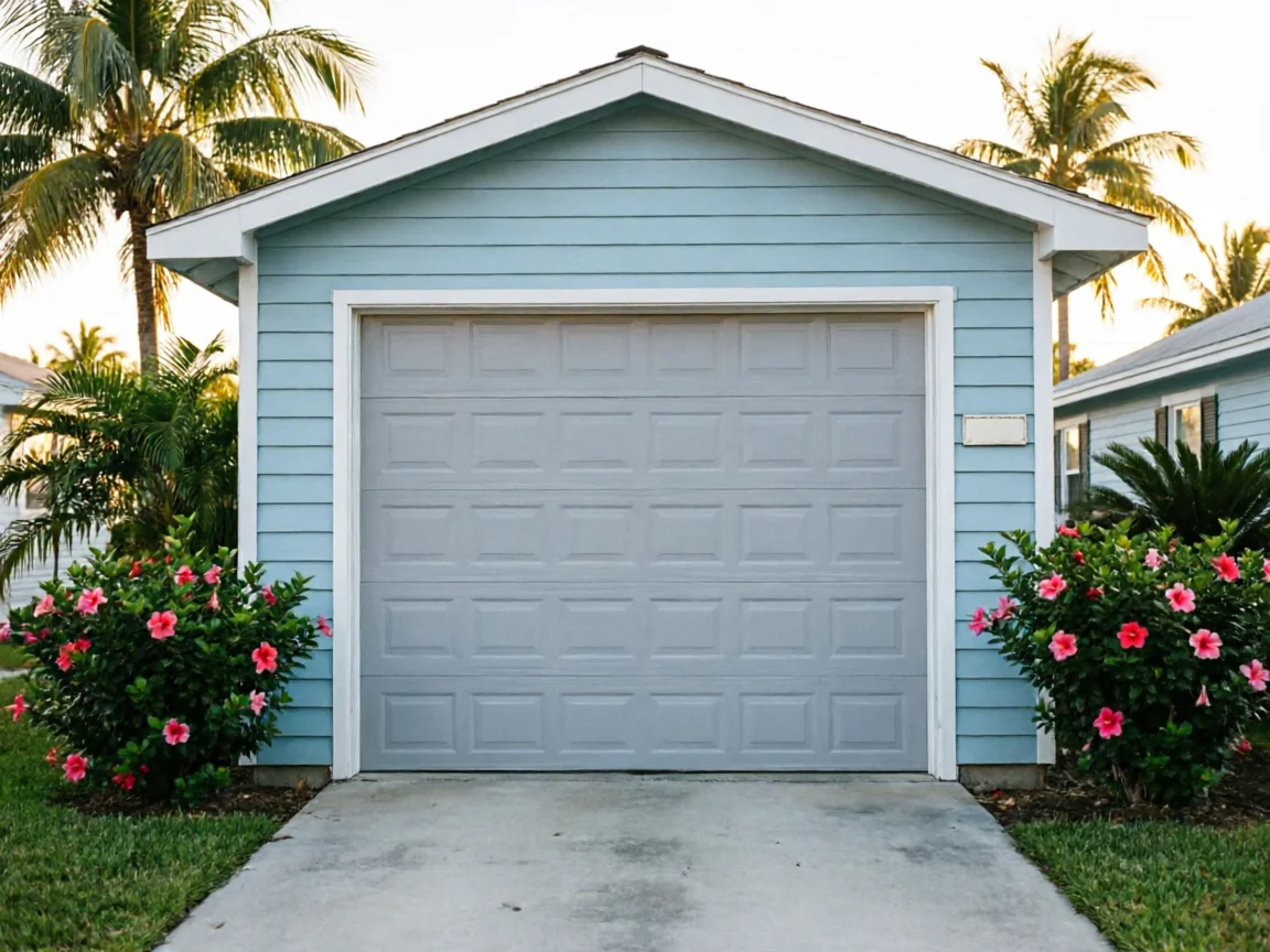 A light blue garage with a gray paneled door and pink flowering bushes.