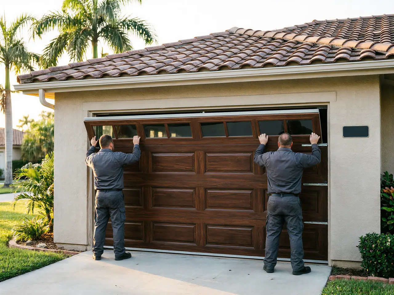 Two technicians install a brown garage door with windows on a house.