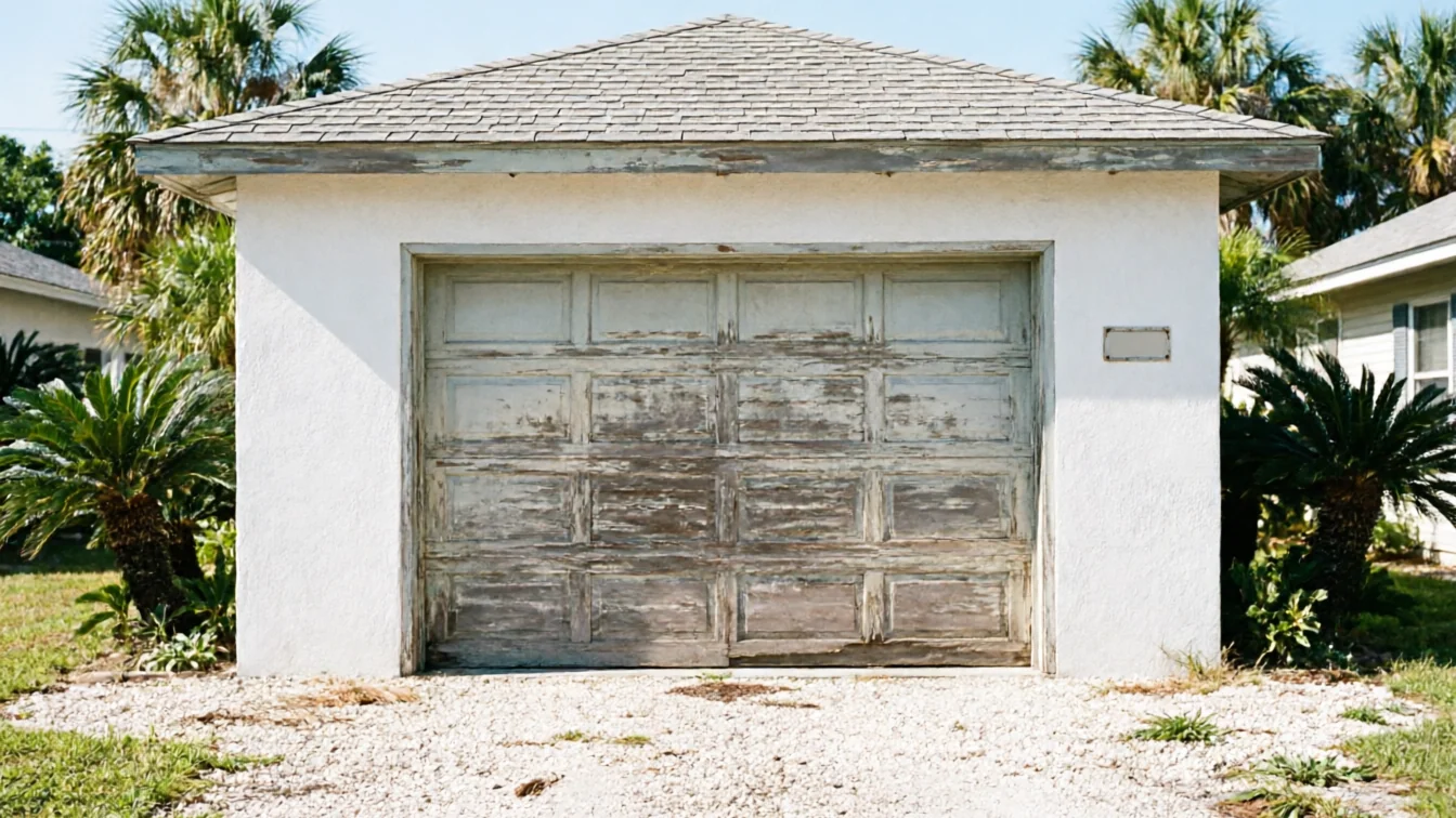 The garage door is old and peeling, set in a white stucco building.