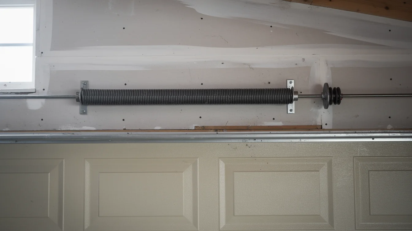 A new torsion spring is installed above a white garage door.